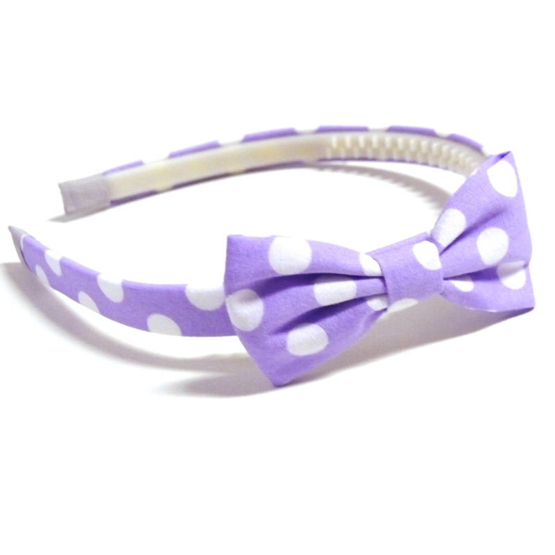 Světle fialová puntíkovaná čelenka s mašlí - bavlna