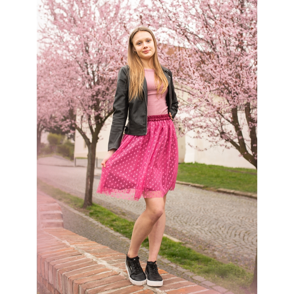 Růžová puntíkovaná splývavá tylová sukně
