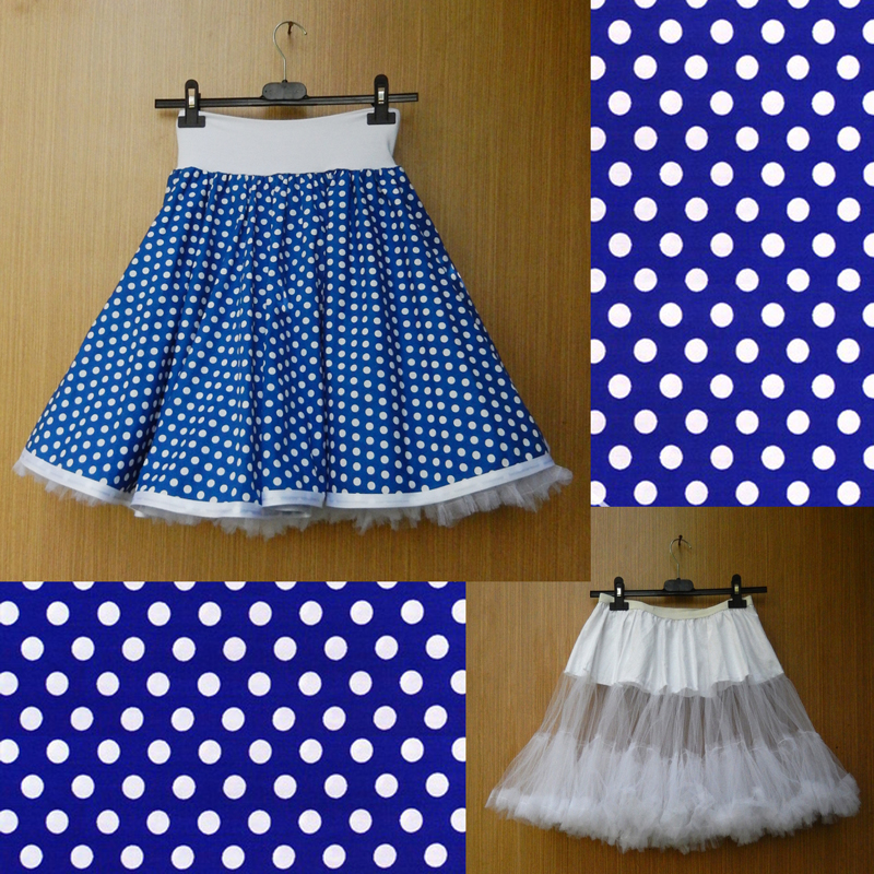 Modrá puntíkovaná sukně + objemnější bílá spodnička