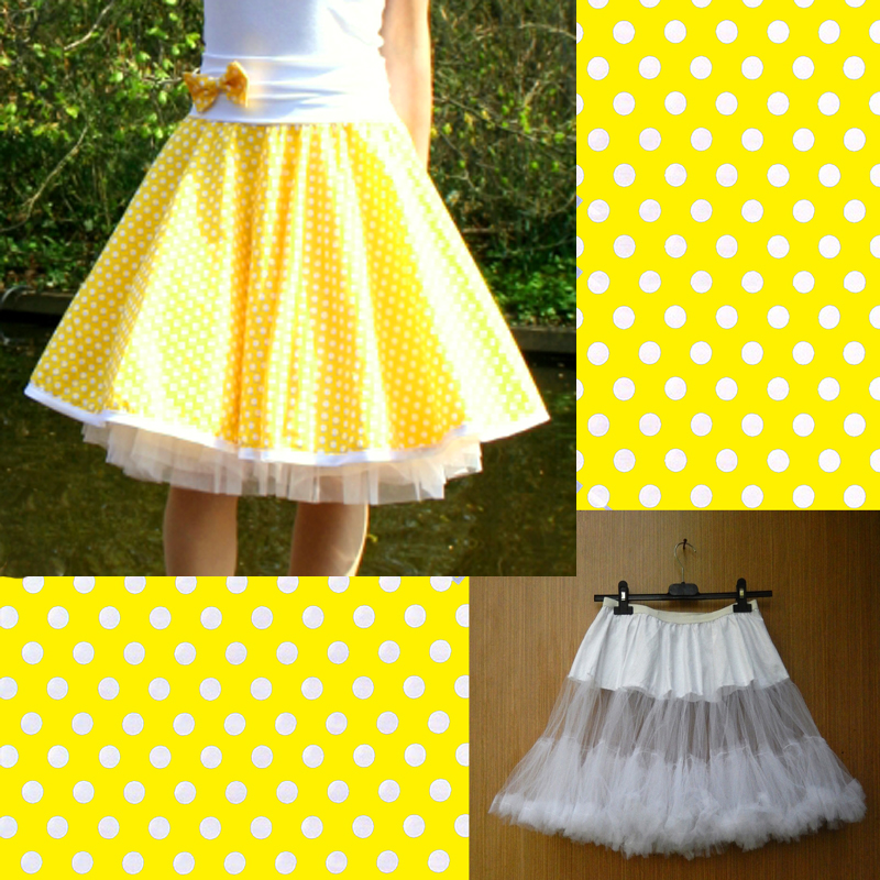 Žlutá puntíkovaná sukně + objemnější bílá spodnička