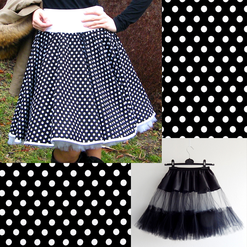 Černá puntíkovaná sukně + jednoduchá černá spodnička