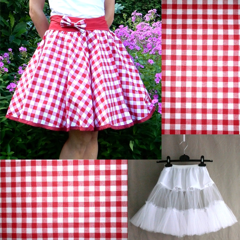 Červená kostkovaná sukně + jednoduchá bílá spodnička