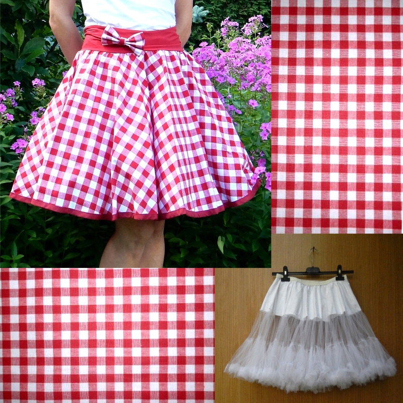 Červená kostkovaná sukně + objemnější bílá spodnička