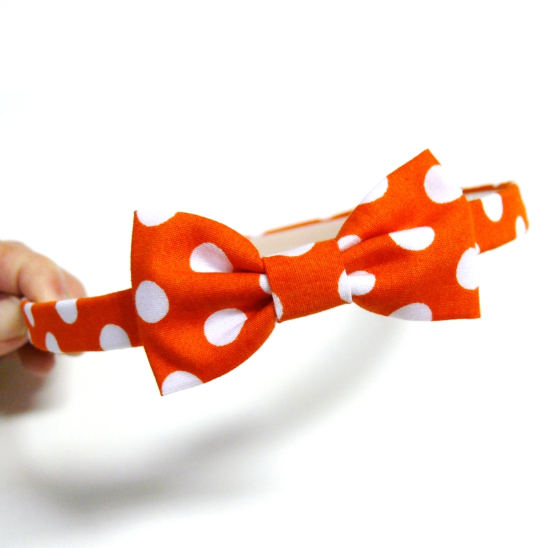 Oranžová puntíkovaná čelenka s mašlí - bavlna
