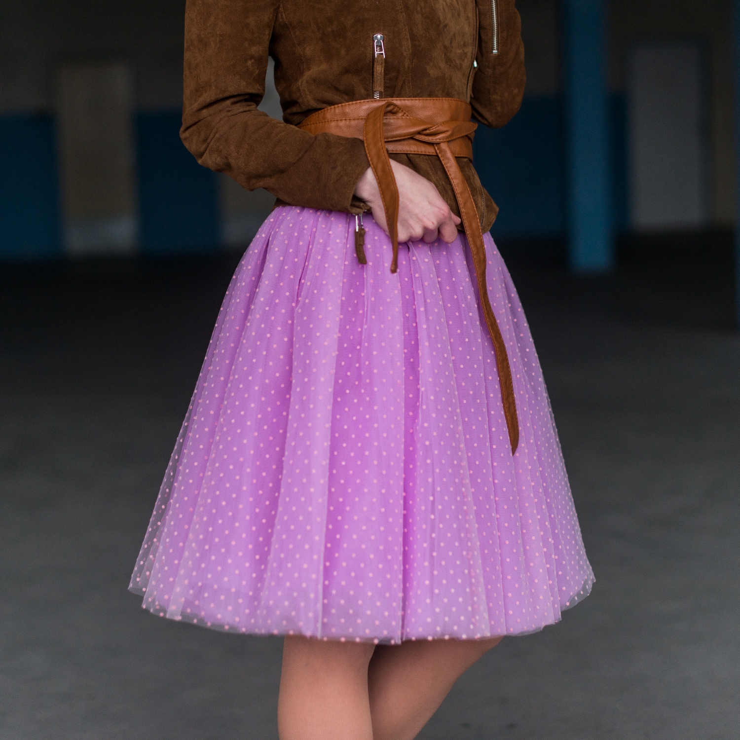Fialová puntíkovaná tylová sukně